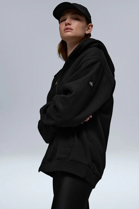 Renown Heavyweight-Hoodie mit durchgehendem Reißverschluss – Schwarz