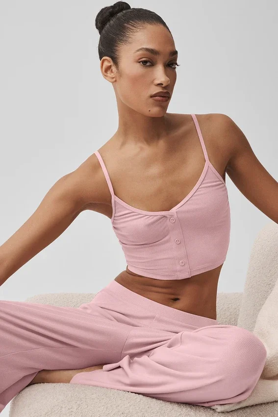 Rippiges, zartes Lounge-Top – Vintage-Pink