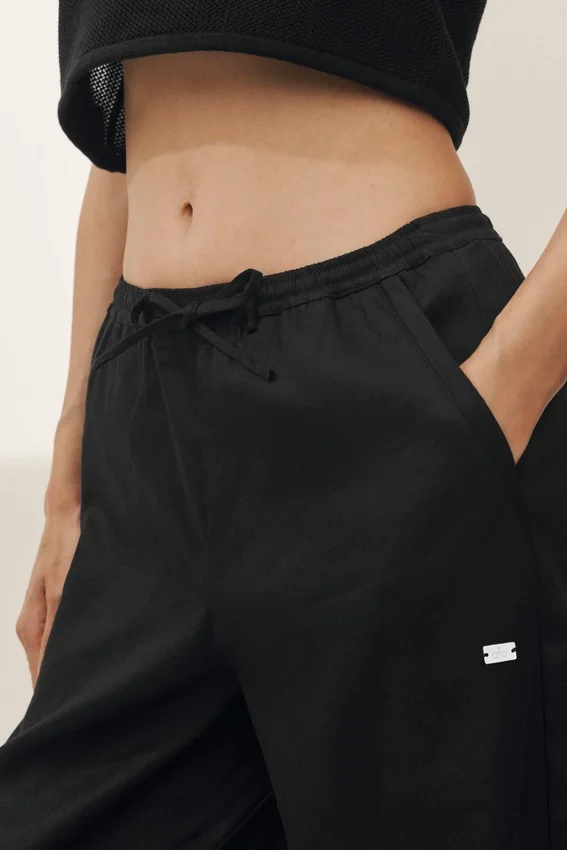 „Riviera“-Hose aus Leinenmischung mit weitem Bein – Schwarz