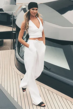 Riviera-Hose mit weitem Bein aus Leinenmischung – Weiß