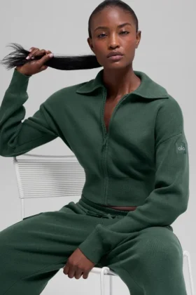 Scholar Knit Cropped Full Zip Jacke – Kleegrün