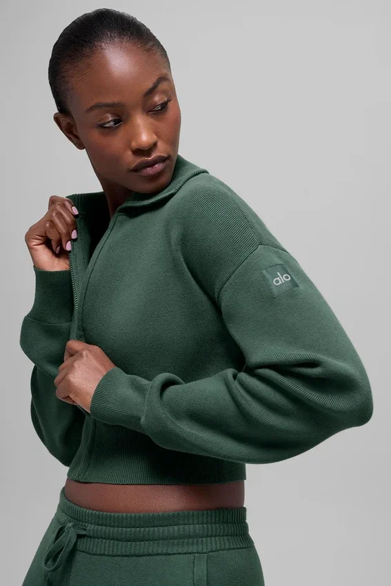 Scholar Knit Cropped Full Zip Jacke – Kleegrün