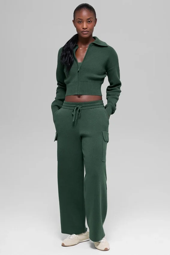 Scholar Knit Cropped Full Zip Jacke – Kleegrün