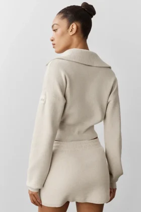 Scholar Knit Cropped Full Zip Jacke – Oatmeal Heather