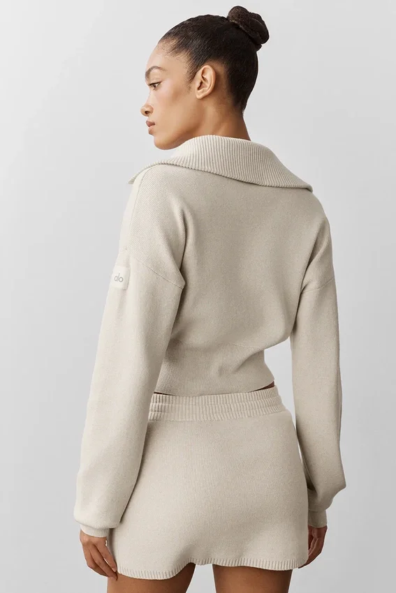 Scholar Knit Cropped Full Zip Jacke – Oatmeal Heather