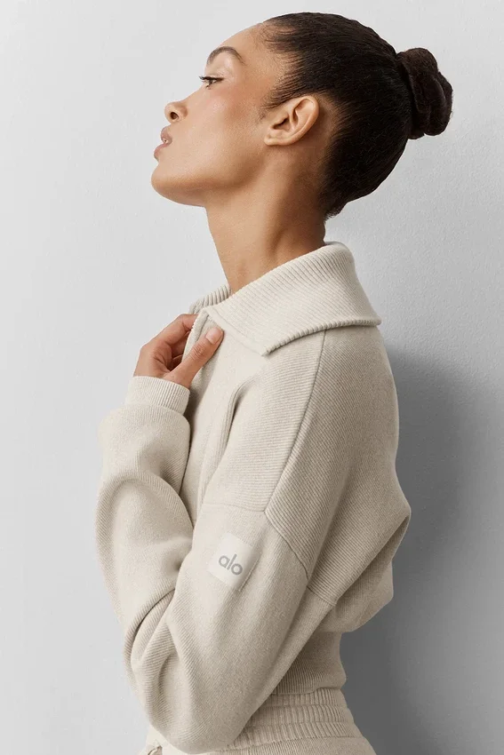 Scholar Knit Cropped Full Zip Jacke – Oatmeal Heather