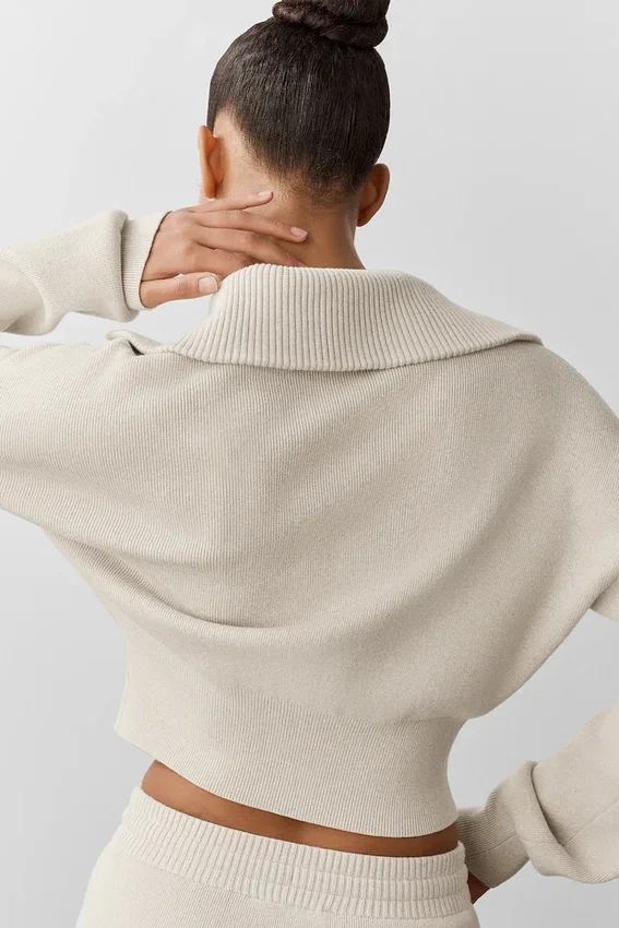 Scholar Knit Cropped Full Zip Jacke – Oatmeal Heather