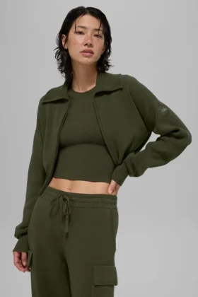 Scholar Knit Cropped Full Zip Jacke – Olivgrün