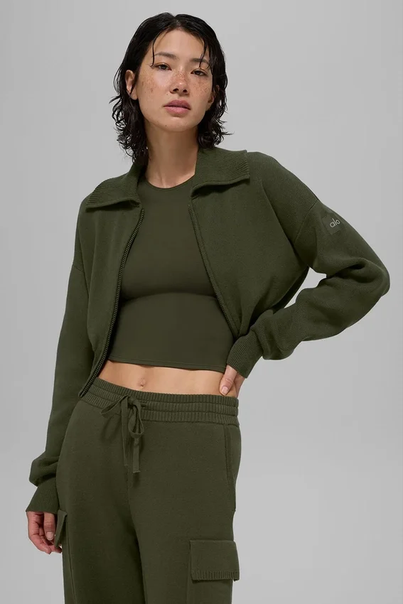Scholar Knit Cropped Full Zip Jacke – Olivgrün
