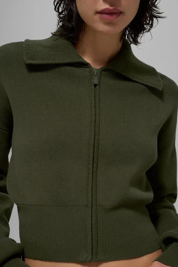 Scholar Knit Cropped Full Zip Jacke – Olivgrün