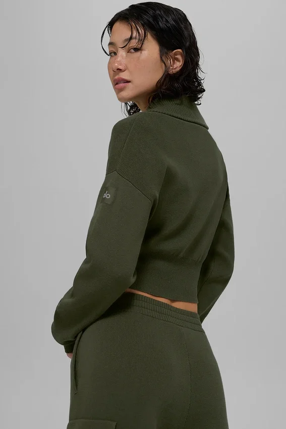 Scholar Knit Cropped Full Zip Jacke – Olivgrün