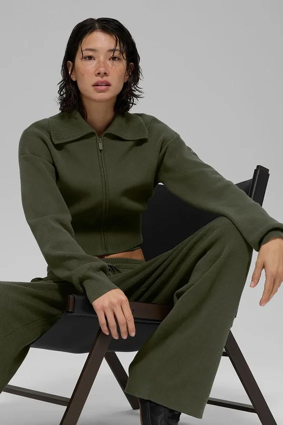 Scholar Knit Cropped Full Zip Jacke – Olivgrün
