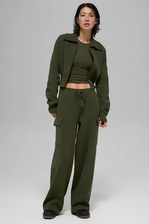 Scholar Knit Cropped Full Zip Jacke – Olivgrün