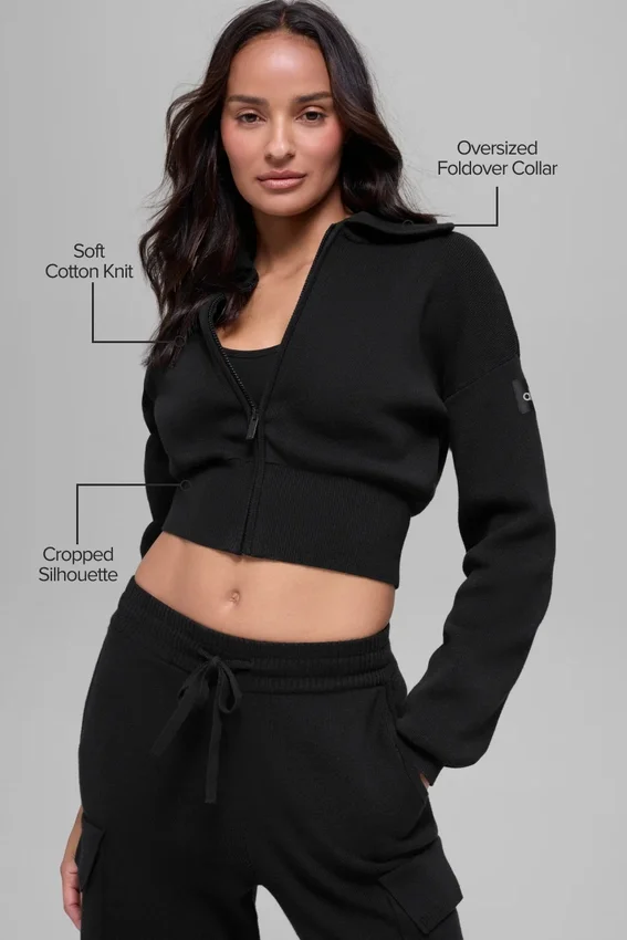 Scholar Knit Cropped Full Zip Jacke – Schwarz