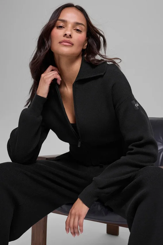 Scholar Knit Cropped Full Zip Jacke – Schwarz