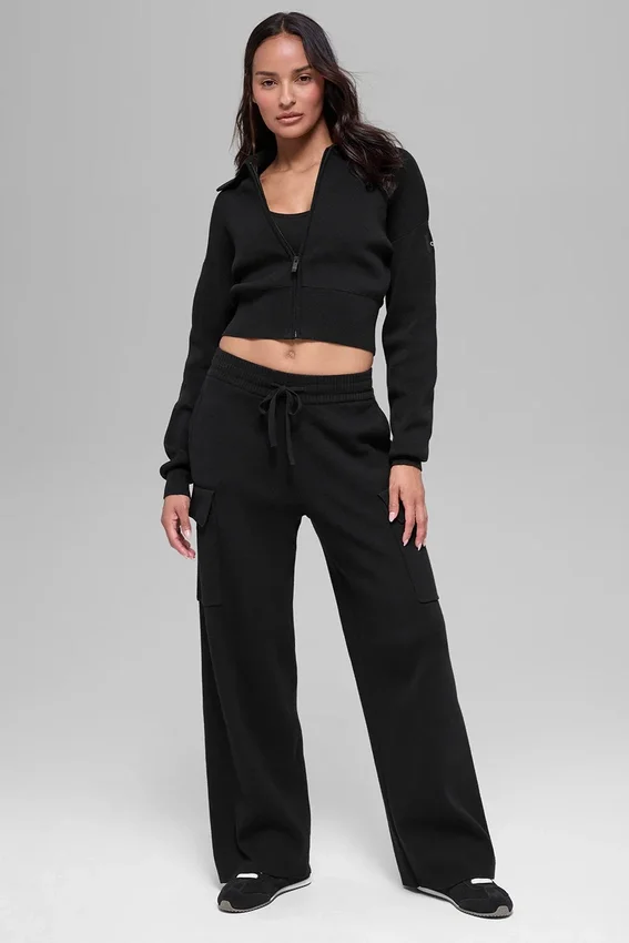 Scholar Knit Cropped Full Zip Jacke – Schwarz