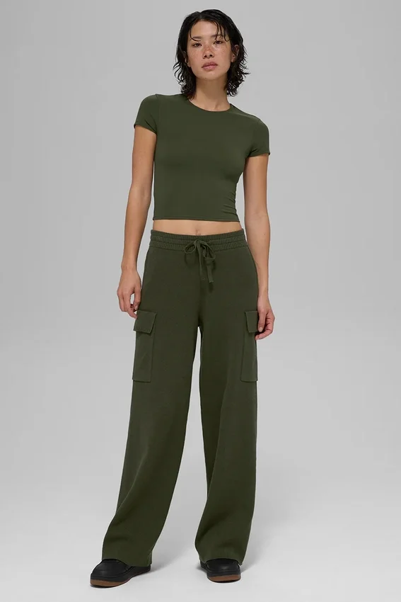 Scholar Knit High-Waist Cargo Hose – Olivgrün