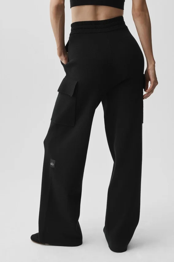 Scholar Knit High-Waist Cargo Hose – Schwarz