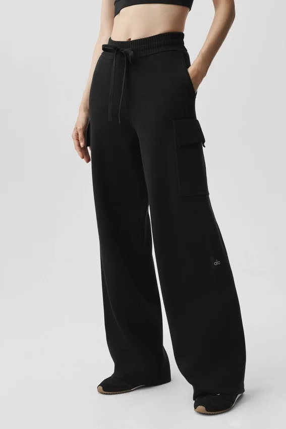 Scholar Knit High-Waist Cargo Hose – Schwarz