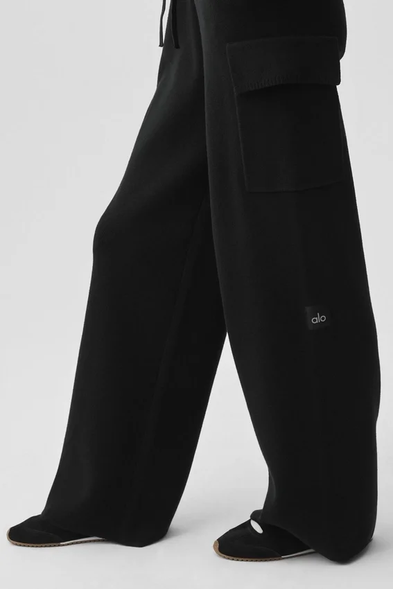 Scholar Knit High-Waist Cargo Hose – Schwarz