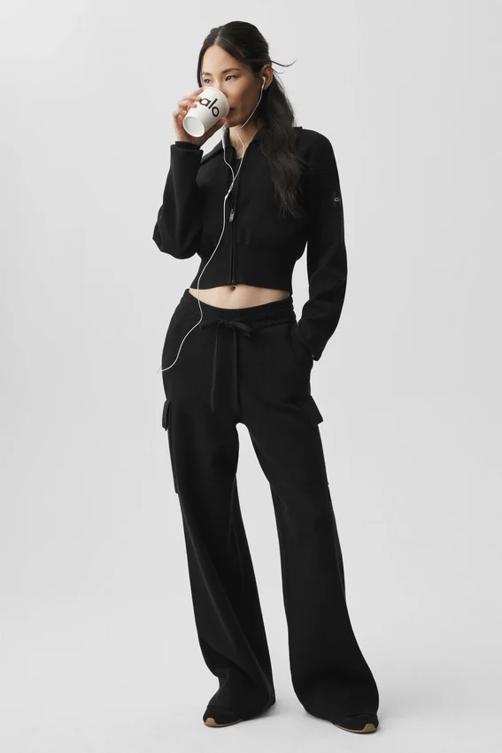 Scholar Knit High-Waist Cargo Hose – Schwarz