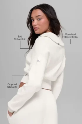 Scholar Knit kurze Jacke mit durchgehendem Reißverschluss – Elfenbein