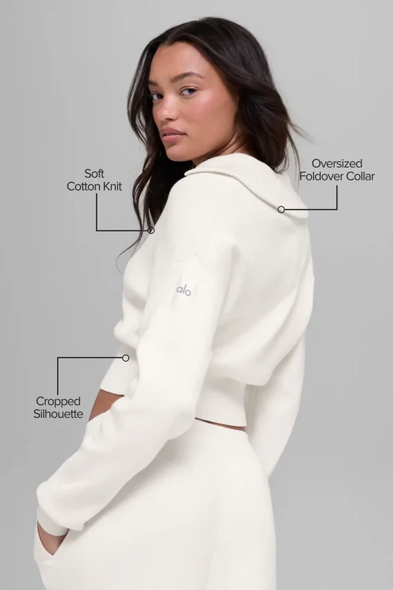 Scholar Knit kurze Jacke mit durchgehendem Reißverschluss – Elfenbein