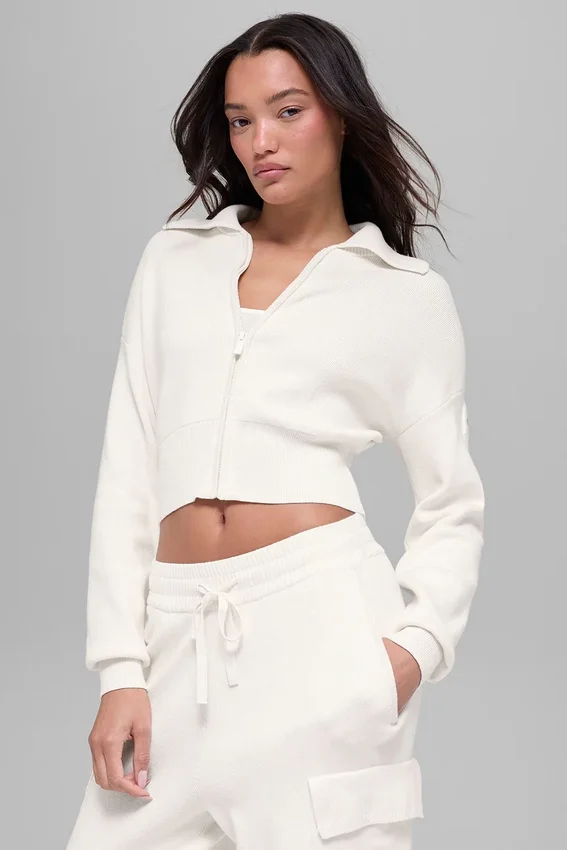 Scholar Knit kurze Jacke mit durchgehendem Reißverschluss – Elfenbein