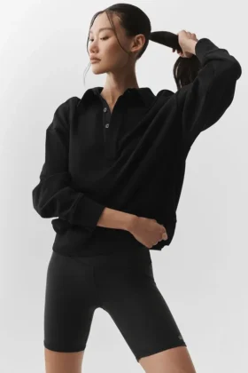 „Take It Easy“ Langarmshirt-Henley-Pullover – Schwarz