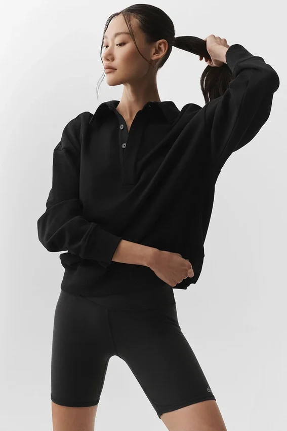 „Take It Easy“ Langarmshirt-Henley-Pullover – Schwarz