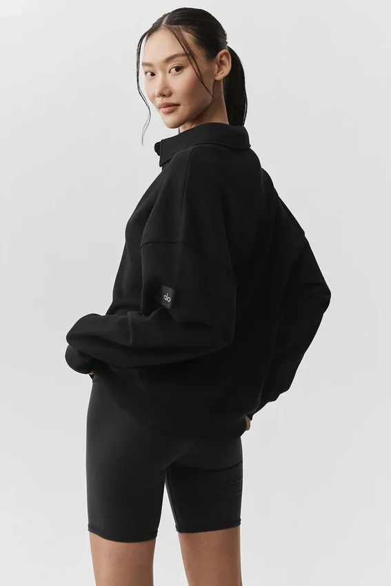 „Take It Easy“ Langarmshirt-Henley-Pullover – Schwarz