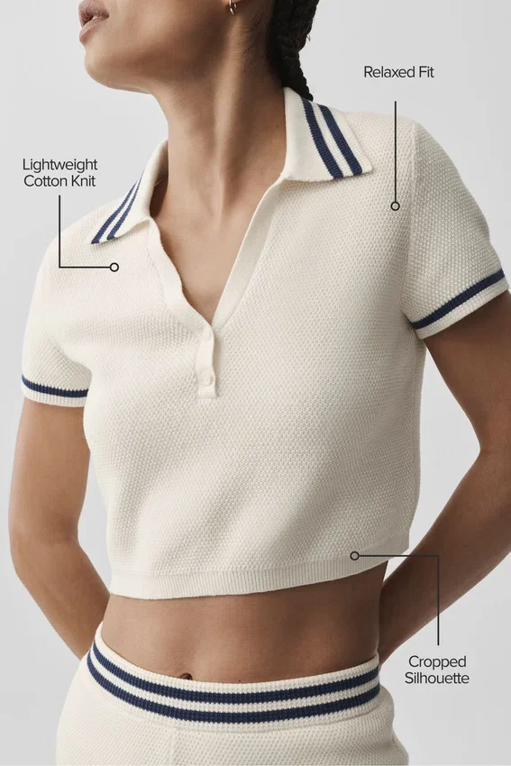 Tennis Club Pullover Knit Cropped Polo – Elfenbein/Marineblau