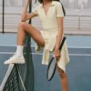 Tennis Club Pullover Knit Cropped Polo – Oatmeal/Weiß