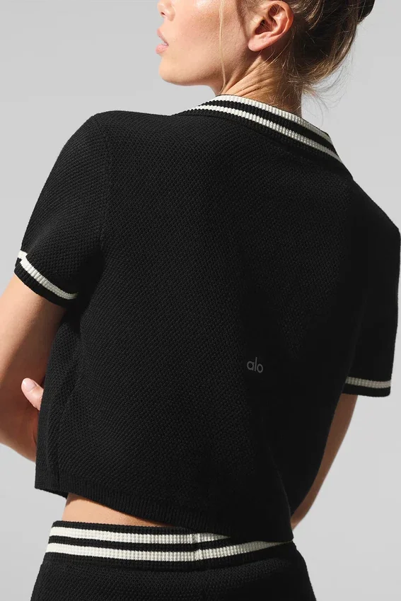 Tennis Club Pullover Knit Cropped Polo – Schwarz/Elfenbein