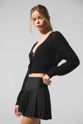 Transparente, kurz geschnittene Kaschmir-Strickjacke – Schwarz