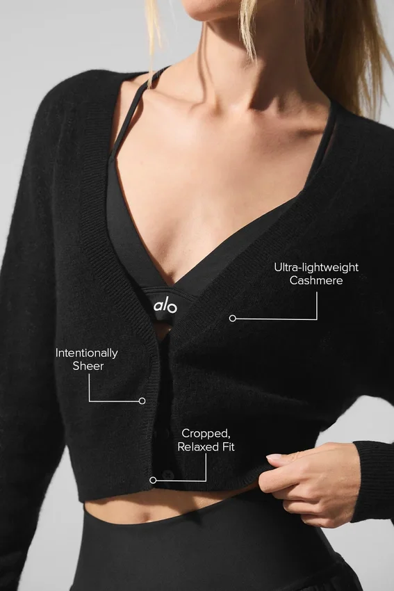 Transparente, kurz geschnittene Kaschmir-Strickjacke – Schwarz