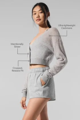 Transparente, kurze Kaschmir-Strickjacke – Athletic Heather Grey