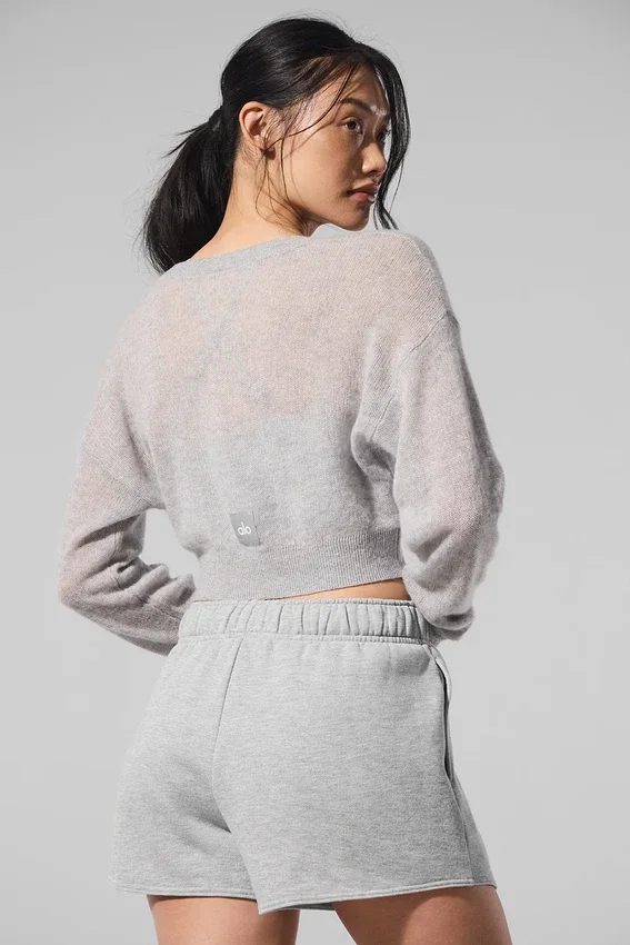 Transparente, kurze Kaschmir-Strickjacke – Athletic Heather Grey