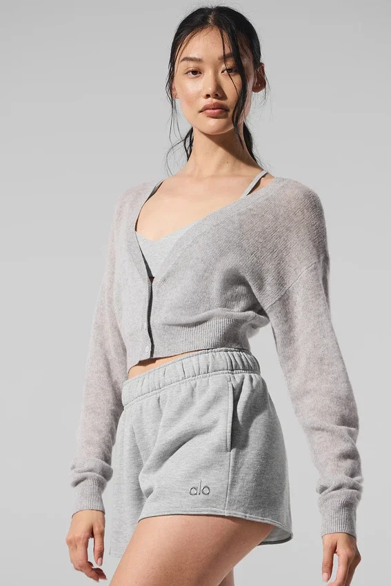 Transparente, kurze Kaschmir-Strickjacke – Athletic Heather Grey