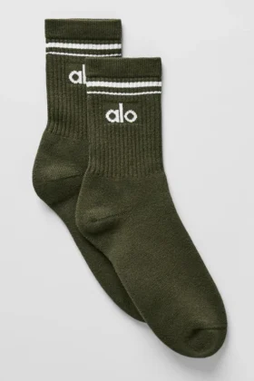 Unisex-Socken im Retro-Stil (Halb-Crew) – Olivgrün/Weiß