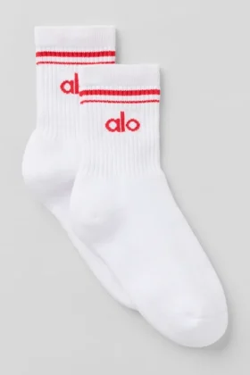 Unisex-Socken im Retro-Stil (Halb-Crew) – Weiß/Leuchtend Rot