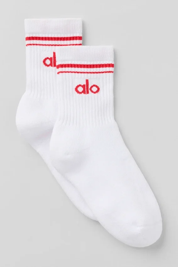 Unisex-Socken im Retro-Stil (Halb-Crew) – Weiß/Leuchtend Rot
