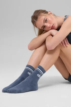 Unisex-Socken im Retro-Stil mit halbhohem Schaft – Bluestone/Weiß