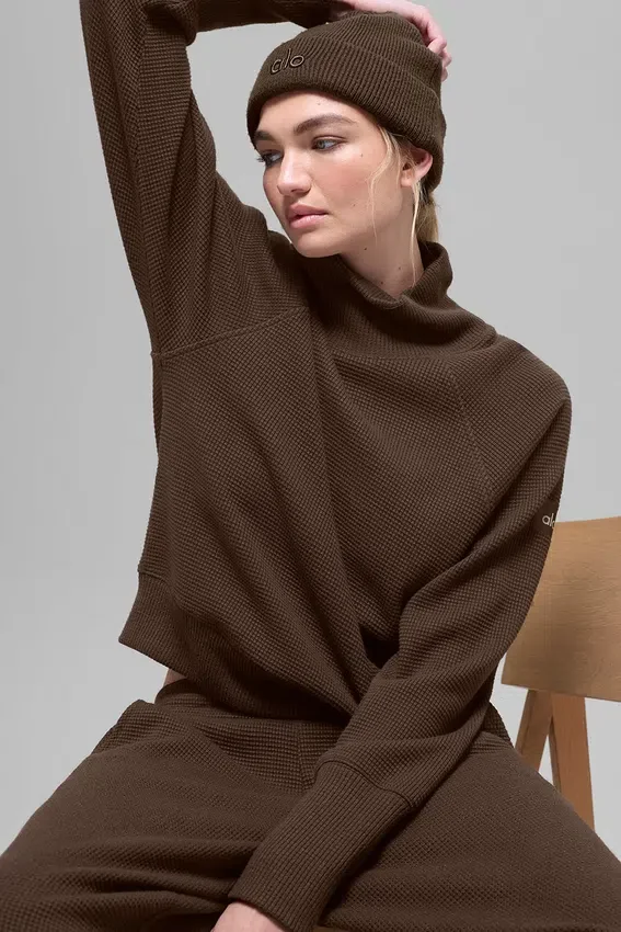 Waffle Weekend Escape Langarmshirt mit Stehkragen – Espresso