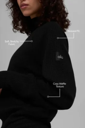 Waffle Weekend Escape Mock Neck Langarmshirt – Schwarz
