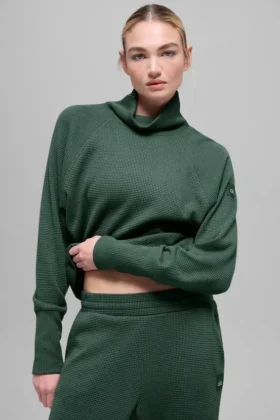 Waffle Weekend Escape Rollkragen-Langarmshirt – Kleegrün