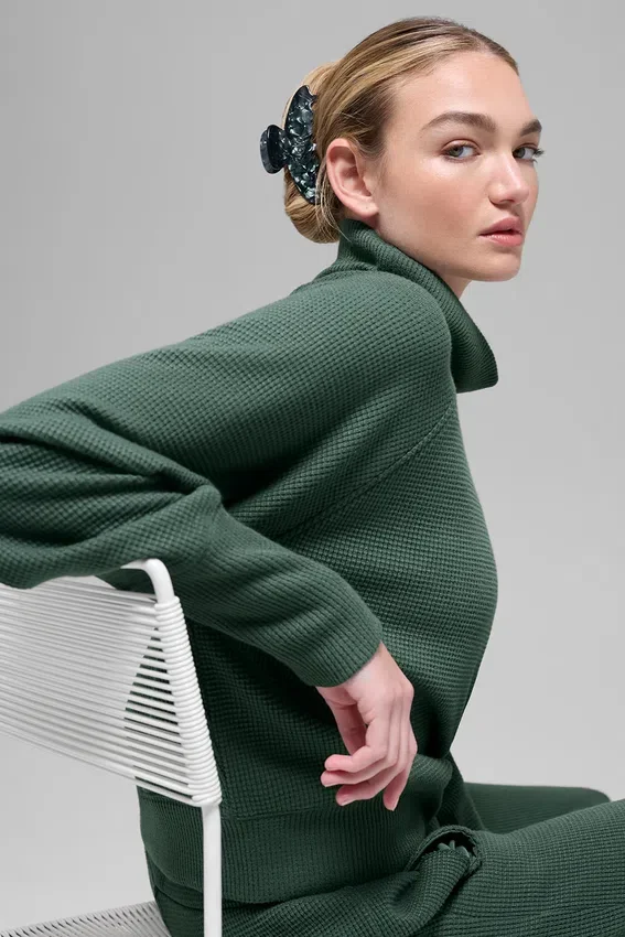 Waffle Weekend Escape Rollkragen-Langarmshirt – Kleegrün