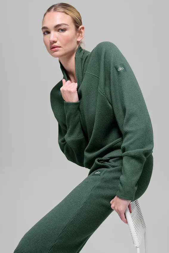 Waffle Weekend Escape Rollkragen-Langarmshirt – Kleegrün