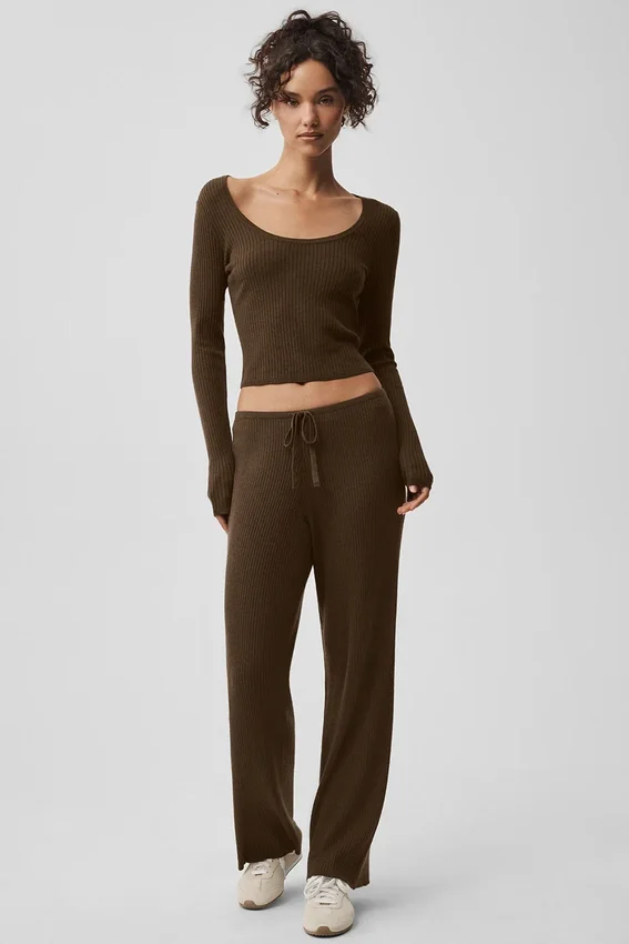 Weite Hose mit mittlerer Leibhöhe aus Pullover-Strick – Espresso