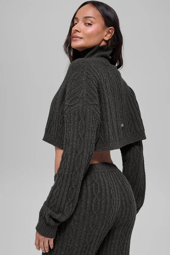 Winter Bliss Rollkragenpullover mit Zopfmuster, kurz geschnitten, mit Langarmshirts – Dark Heather